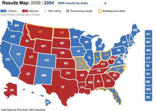 Carte électorale 2008 (Source CNN)