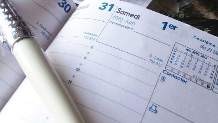 Calendrier dans un agenda