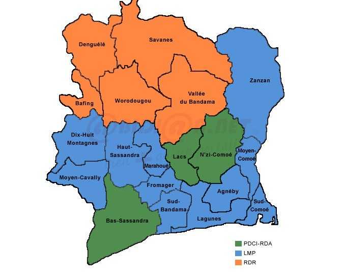 Répartition du vote entre les principaux partis ivoiriens  Source : Abidjan.net