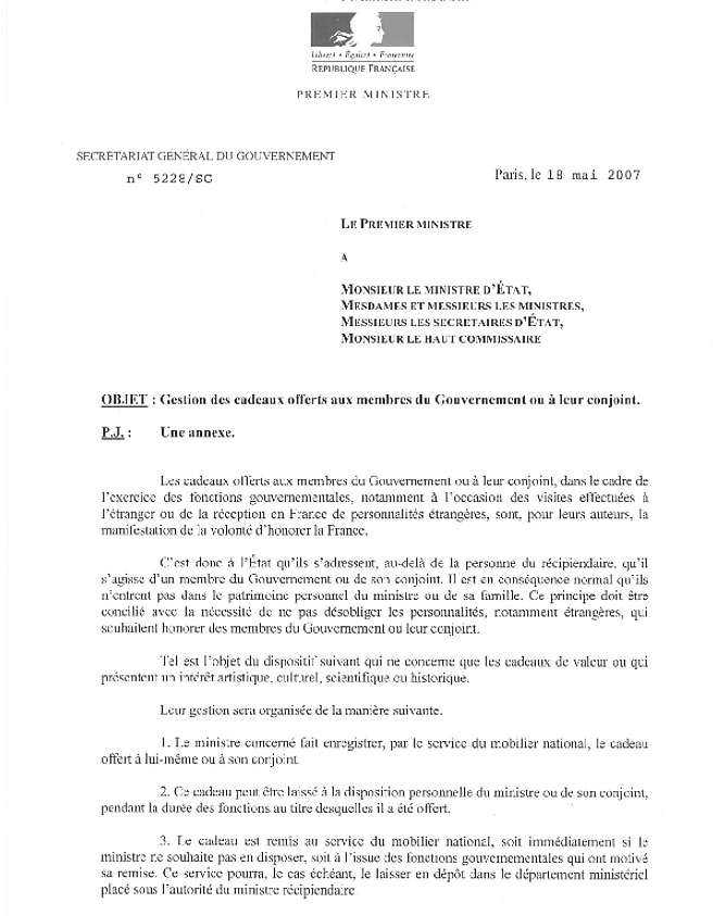 Circulaire Fillon de 2007 sur les cadeaux offerts aux membres du Gouvernement Circulaire Fillon de 2007 sur les cadeaux offerts aux membres du Gouvernement