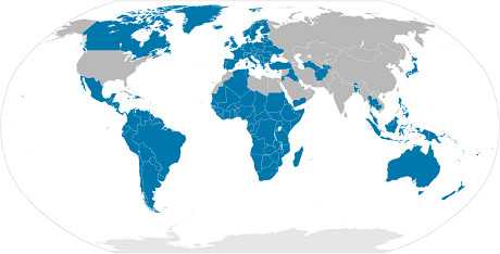 Les Etats signataires de la Convention d'Ottawa en bleu (wikipedia.com)