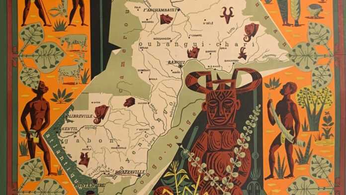 Affiche présentant une carte illustrée de l'Afrique Equatoriale Française (extrait)