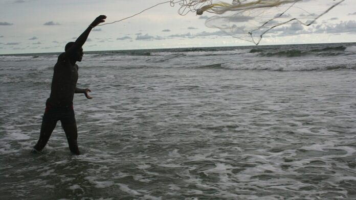 Un Diola pratiquant la pêche au filet en bord de mer à Boucotte (Casamance, Sénégal) par Olivier Keita @wiki common