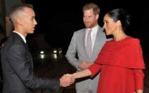 Le prince héritier du Maroc, Moulay El Hassan, Harry prince de Grande-Bretagne et son épouse Meghan Markle, lors d'une visite au Maroc