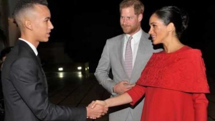 Le prince héritier du Maroc, Moulay El Hassan, Harry prince de Grande-Bretagne et son épouse Meghan Markle, lors d'une visite au Maroc