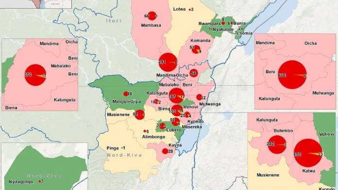 distribution Ebola 15 aout Distribution des cas de Maladie à Virus Ebola (MVE) par zone de santé dans les provinces de l'Ituri et du Nord-Kivu
au 15 août 2019