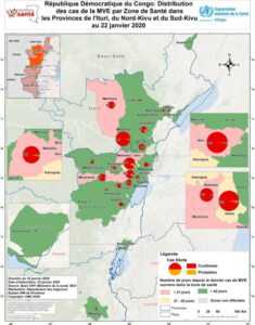 Distribution des cas de Maladie à Virus Ebola (MVE) par zone de santé dans les provinces de l'Ituri et du Nord-Kivu
au 22 janvier 2020