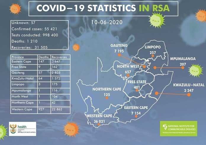 Carte du Covid19 en afrique du Sud le 10 mai
