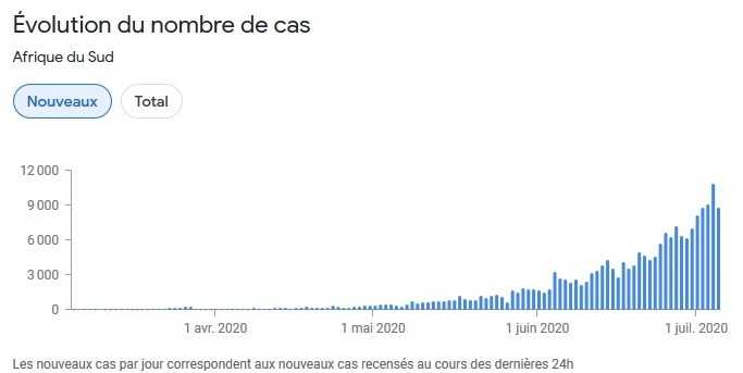 Evolution du nombre de cas Covid19 en Afrique du Sud 6 juillet