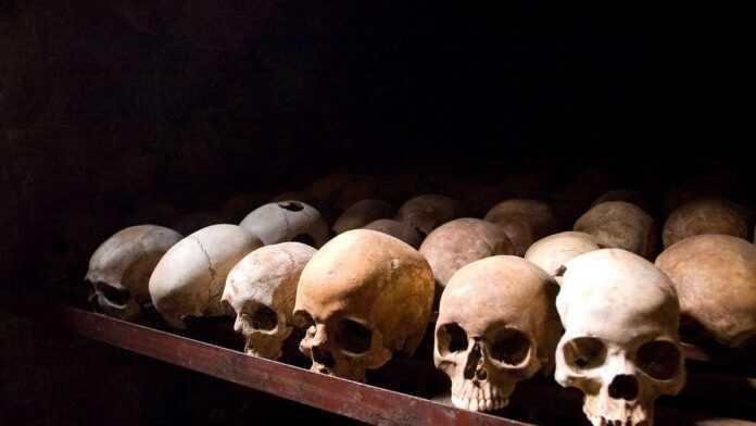Crânes humains au Centre mémorial du génocide de Nyamata.