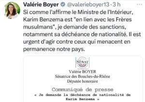 Communiqué de Valérie Boyer accusant Karim Benzema