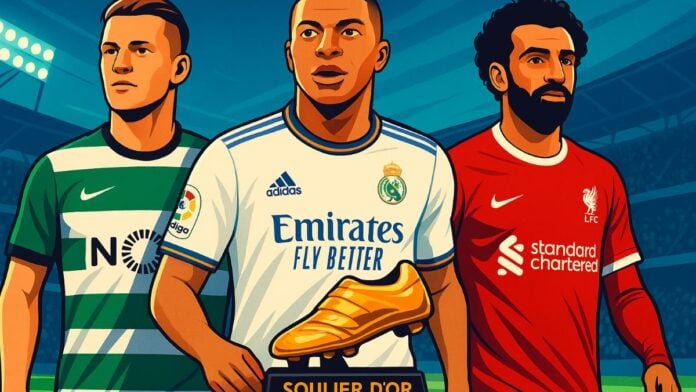 Gyökeres, Kylian Mbappé et Mohamed Salah illustration Soulier d'Or Gyökeres, Kylian Mbappé et Mohamed Salah