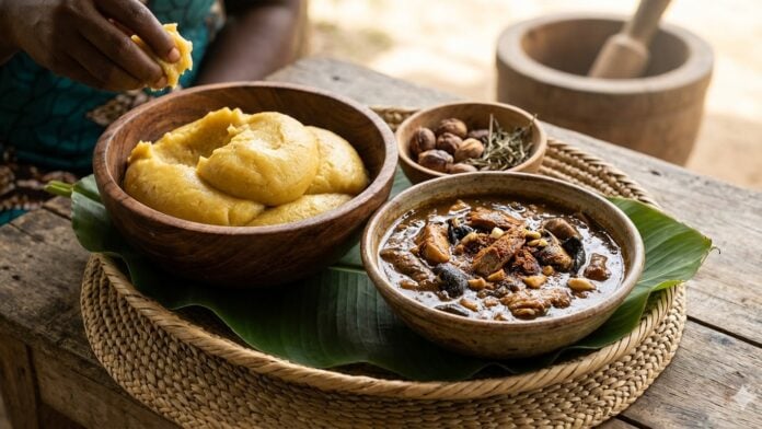 Locossoukeu au siakô Locossoukeu au siakô : Purée de banane plantain à la sauce bété