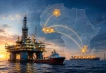 Eni accélère en Afrique : de la Guinée à Baleine, la grande offensive du géant italien Plateforme pétrolière offshore et carte de l’Afrique illustrant l’expansion d’Eni sur plusieurs projets énergétiques du continent.