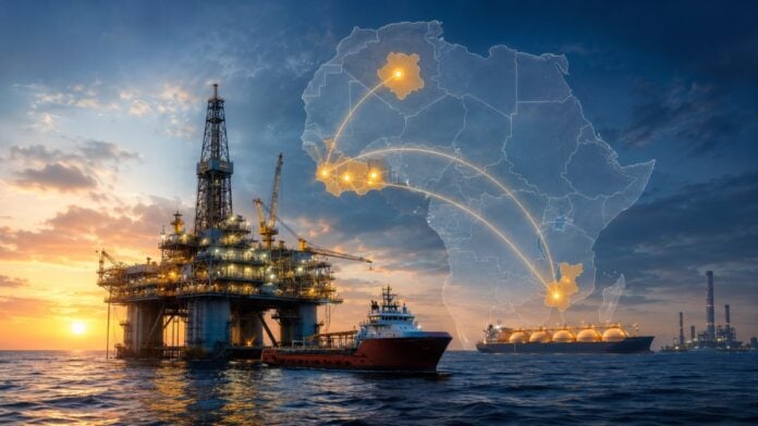 Eni accélère ses projets énergétiques en Afrique Plateforme pétrolière offshore et carte de l’Afrique illustrant l’expansion d’Eni sur plusieurs projets énergétiques du continent.