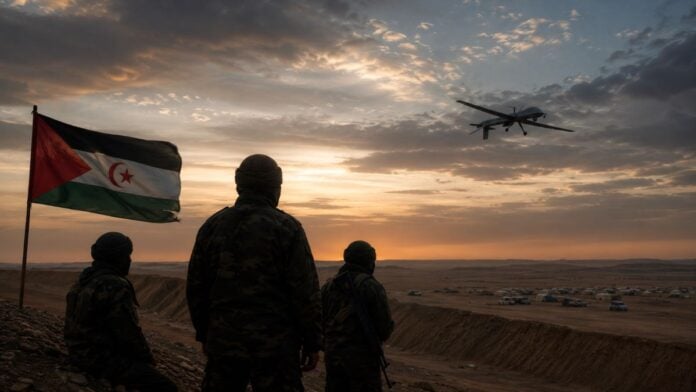 Guerre des drones au Sahara occidental Combattants sahraouis face à un drone dans le désert du Sahara occidental.