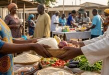 Bénin : quand les fêtes religieuses révèlent les fractures sociales Dans un marché ouest-africain, des mains partagent un panier de denrées alimentaires devant une table communautaire en préparation.