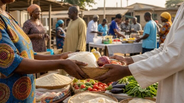 Dans un marché ouest-africain, des mains partagent un panier de denrées alimentaires devant une table communautaire en préparation.