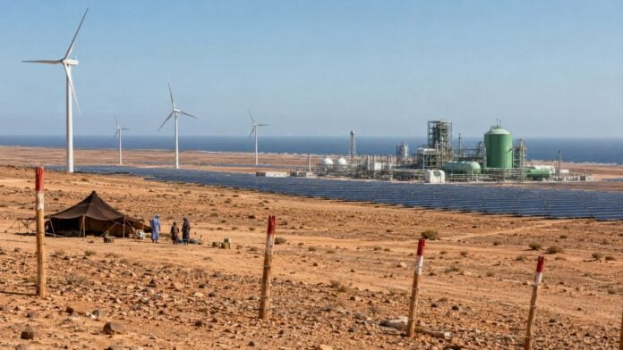 Sahara occidental projets d’hydrogène vert et énergies renouvelables dans le désert Paysage désertique côtier avec campement, panneaux solaires, éoliennes et installation industrielle, illustrant les projets d’hydrogène vert au Sahara occidental.