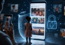 Réseaux sociaux : les enfants ont-ils encore droit à une vie privée ? Vie privée, l’enfance à l’épreuve des réseaux sociaux. Illustration générée par IA.