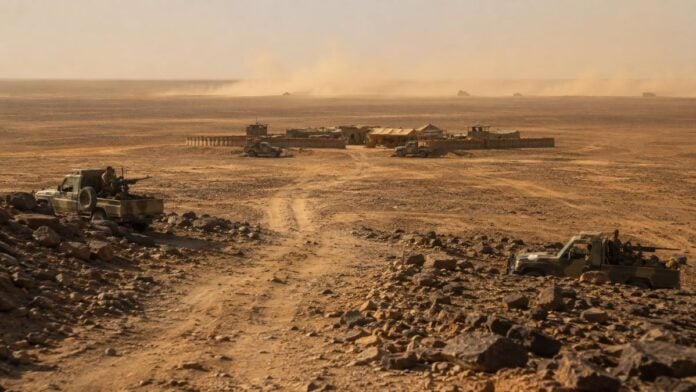 Avant-poste militaire dans le désert combat proche d'Anéfis au Mali Avant-poste militaire dans le désert combat proche d'Anéfis au Mali
