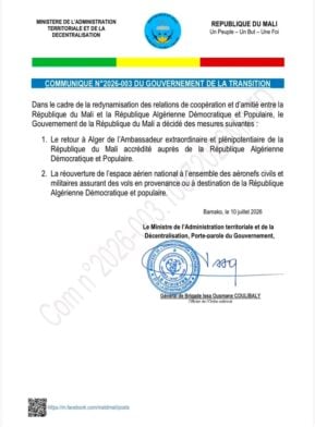 Communiqué du gouvernement malien sur la réouverture des liaisons aériennes avec Alger