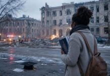 Ukraine : la mort d’une étudiante nigériane relance l’inquiétude pour les étudiants africains Illustration étudiante en Ukraine face à l’université endommagée