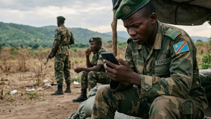 Photo illustrative IA Guerre en RDC : le téléphone portable, nouvel ennemi des soldats au front