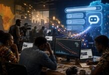 Presse africaine : l’IA siphonne les clics qui financent l’information Salle de rédaction futuriste et préoccupée