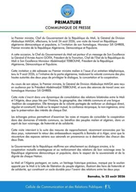 communiqué de presse du Mali annonçant la visite d'Abdoulaye Maïga à Alger