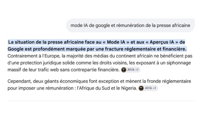 Réponse du Mode IA de Google sur la rémunération de la presse africaine, citant Afrik.com comme source