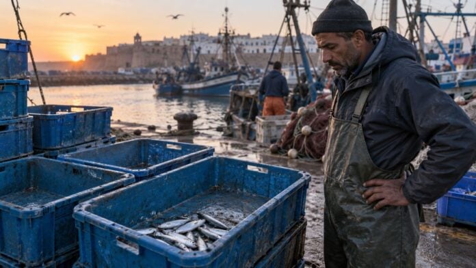 Maroc : pourquoi la pénurie de sardines menace tout un modèle de pêche Illustration représentant un pêcheur marocain devant des caisses presque vides dans un port de l’Atlantique.