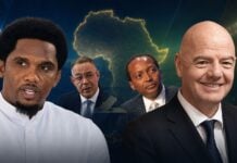 Eto’o, Lekjaa, Abo Rida : la carte africaine d’Infantino avant le vote de Rabat Samuel Eto’o, Fouzi Lekjaa et Patrice Motsepe comptent parmi les principaux dirigeants africains favorables à Gianni Infantino avant le Congrès électif de la FIFA prévu à Rabat en mars 2027. Photomontage éditorial.