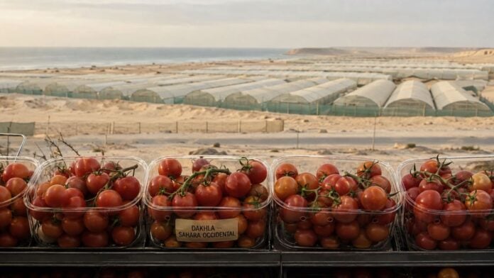 Barquettes de tomates cerises portant la mention « Dakhla – Sahara occidental », devant des serres implantées dans un paysage désertique.
