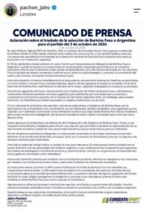 Communiqué de l'agent FIFA Jairo Pachón